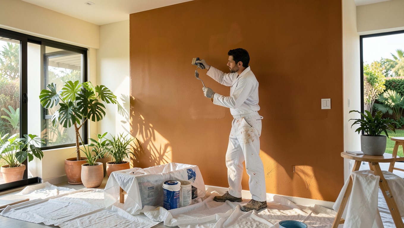 Pintor profesional dando color a una pared interior