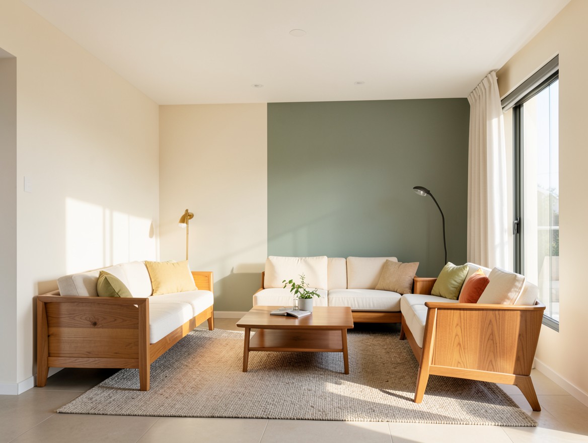 Sala luminosa renovada con pintura en tonos neutros y verde salvia